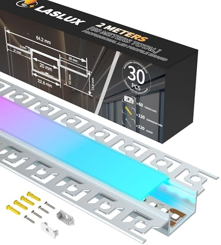 LASLUX Perfil de aluminio LED de 2 m × 30 (60 m) para paneles de yeso, perfil LED Placo 9 – 12,5 mm para tiras LED de hasta 20 mm con difusor de leche blanca y puntas de montaje