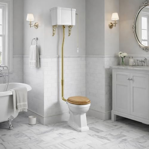 Go Bathrooms High Level Toilet Pull Chain Gold Brackets | Traditional high-level ceramic WC toilet with pull chain flush system and decorative gold ornate brackets.