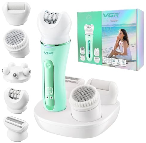 VGR 751 Epilateur Electrique Femme Sans Fil 5 En 1 Avec Étanche IPX6, Vert | Rasoir Electrique Femme Avec Brosse Nettoyante Visage, Éliminateur De Callosités Et Tête De Massage, Epilateur Avec Écran LED