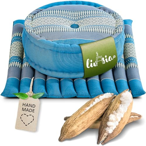 livasia Meditationsset L - Ø 38x15cm / Matte 50x50x4,5cm - Yogaset mit Kissen und Matte, Pouf, Yogamatte und Yogakissen mit Kapok handgefertigt, Bodenkissen Outdoor, Zafukissen