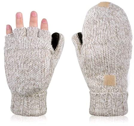 AOKAY Winter Handschuhe Fingerlose Fäustlinge Damen Fingerhandschuhe Fingerlos Handschuhe Strick Handschuhe mit Flip Top (Vintage-Beige)