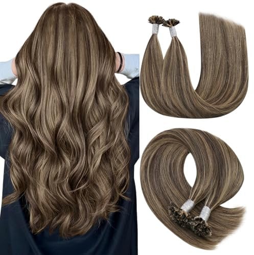 YoungSee Extensions Echthaar Bondings Highlight 55cm Bonding Extensions Echthaar Dunkelbraun Strahnchen Blond Keratin Bondings Echtes Haar Keratin U Tip Extension 50g K Tip Haare #P4/27