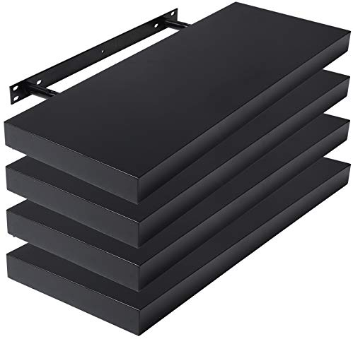 Lestarain 4er Wandregal, 80x22.9x3.8cm MDF-Wandboard Schweberegal Holz Hängeregal DVD CD Regal Wall Shelf Für Küche Wohnzimmer Schlafzimmer Schwarz