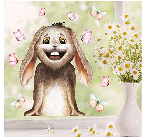 Wandtattoo Loft Fensterbilder Frühling Selbstklebend Hase & Schmetterlingen Motiv – A4 Bogen, Wiederverwendbar – Deko Frühling, Frühlingsbild Fenster, Fensterdeko Frühling, Fensterbild Ostern