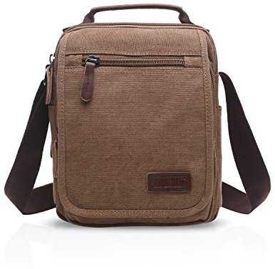 FANDARE Leinwand Umhängetasche Schultertasche Kuriertasche Canvas Messenger Bag für Herren Damen Klein Aktentasche Männer und Frauen Reise Arbeitstasche 9.7 Zoll Tablet Braun