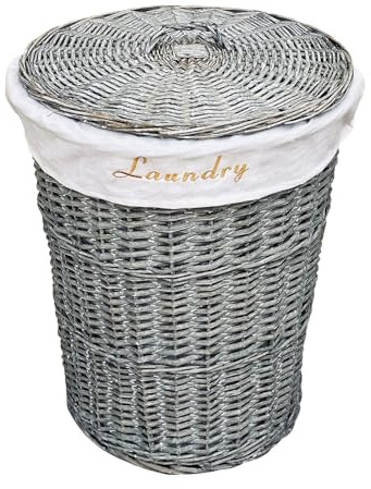 Round Wicker Washing Laundry Basket Lined Storage Basket With Lid Grey Medium 37 x 37 x 50 cm