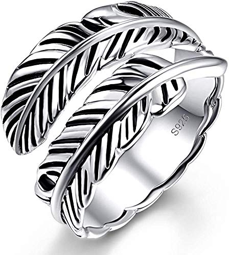 BONLAVIE 925 Silber Feder Ring, Vintage Verstellbarer Offen Silberringe Statement Ringe Schmuck Geschenke für Frauen Männer