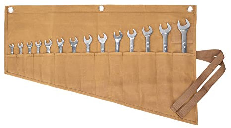 Wrench And Tool Roll Bag, Durable 16oz Waxed Canvas Construction Tool Bag Tool Pouch, 14 Pockets Tool Roll for Metric Or SAE (Khaki)