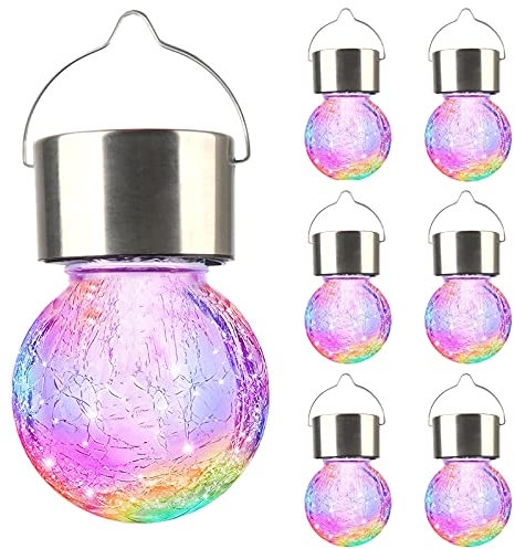 FGYZYP Lot de 6 lampes solaires d'extérieur à suspendre - 3 couleurs - En forme de boule de verre craquelé - Étanche - Avec poignée - Pour jardin, cour, patio, chemin, décoration de fête