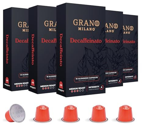 Grano Milano Decaffeinato 50 Aluminium Coffee Pods Compatible with Nespresso Original line, Medium Roast - Intensity 9/12, Espresso Coffee Capsules Made in Italy