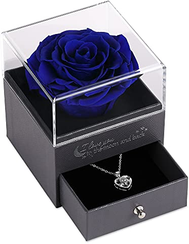 Echte Rose mit Ich Liebe Dich Halskette in 100 Sprachen Geschenke für ihre Mutter Frauen Frau Geschenk für Freundin Geburtstag, (Dunkelblau)