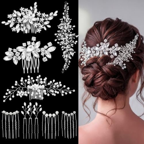 Maitys 44 Pieces Wedding Hair Accessories Faux Pearl Crystal Comb Clips U-shaped Flower Rhinestone Silver Pearl Hair Pieces for Prom Bride Bridesmaid(Elegant Style)