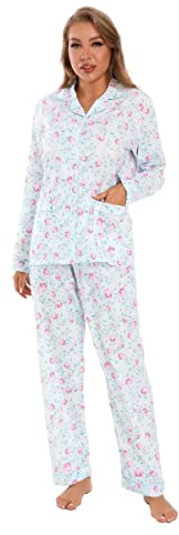 GLOBAL Conjunto Pijama Mujer 100% Algodón Manga Larga con Botones | Conjunto Dos Piezas Algodón Fino, Camisa Abotonada Con Bolsillos, Pantalón Con Cordón, Transpirable, Para Todas Estaciones