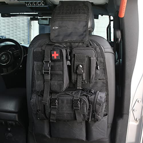 OMU Tactical Car Seat Back Organizer, Molle Panel with 3 Detachable Pouches, Multi-Pocket System, Space Saving, Easy Install, Suitable for Outdoor Sports