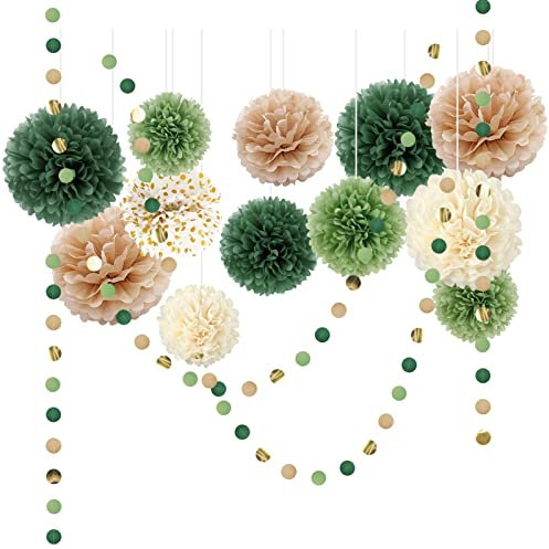AOBKIAT Wedding Party Decorations Kit,15PCS Green Tissue Paper Pom Poms,Dots Paper Garland String Hanging Backdrop for Engagement,Rustic Wedding,Neutral Baby Shower