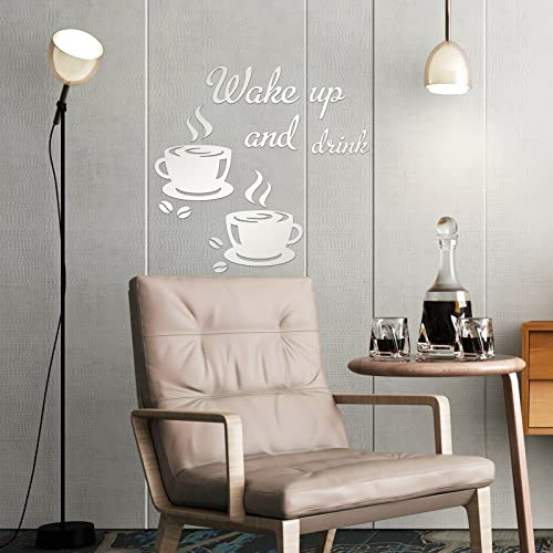 SUPERDANT 3D Taza de Café Acrílico Espejo Adhesivo de Pared Despertar Y Babyr Pegatinas de Pared Calcomanías de Café con Espejo Plateado Pegatinas Arte de Pared para Cafetería Restaurante