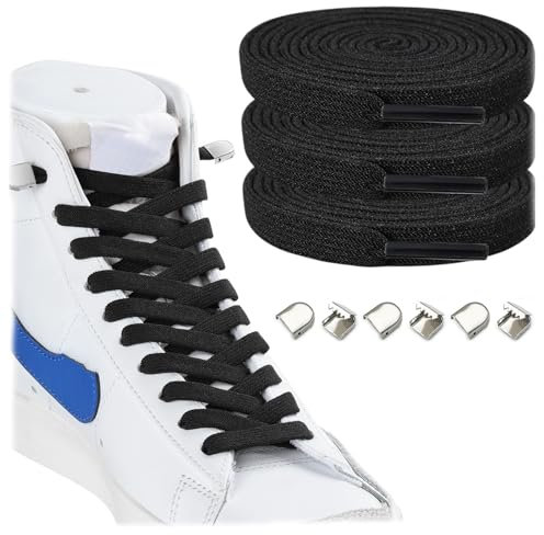 Stepace 3 paires de lacets plats pour baskets, 8 mm de large lacets élastiques sans noeud pour enfants adultes Noir 100