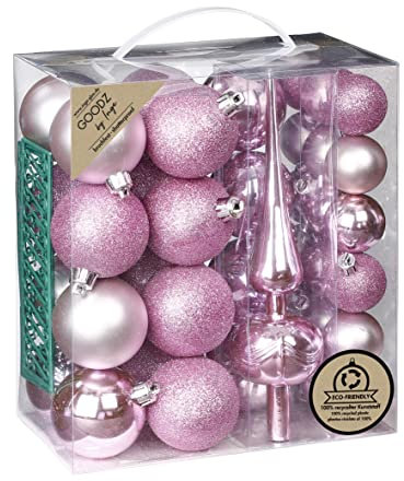 Weihnachtskugeln Kunststoff 4cm-6cm 39er Set mit Christbaumspitze Christbaumkugeln (Rosa Mix)