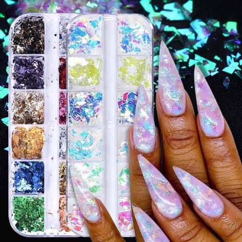 GZMAYUEN Nagel Blattgold Flocken Bunt und Aurora Glaspapier Nagel Glitzer Pailletten Flakes Nail Art 2 Boxen Blattgold Folie Nägel Holographi Flakes Nagelglittzer Dekoration
