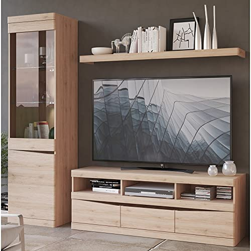 Lomadox Wohnwand Media TV Wand Fernsehschrank Wandregal Vitrine mit Glasboden Beleuchtung in Eiche Nb. 220 cm breit grifflos
