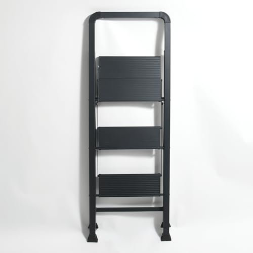 MSV, 3 pie, Plegable, Escalera Ligera, de Acero, máx. 150 kg, Revestimiento Antideslizante de los Pasos, Patas de Goma, Compacto, 62 x 42,5 x 108 cm, Negro Mate, aleado
