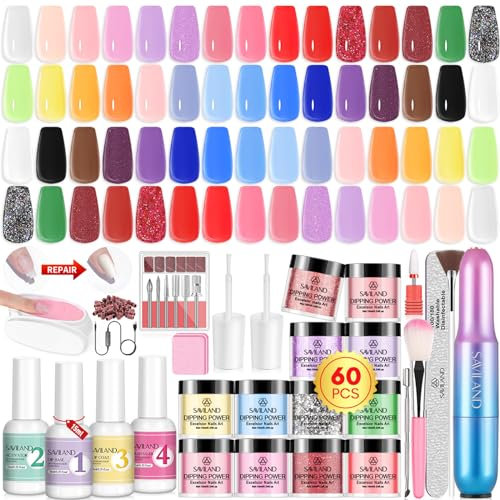 Saviland 60 Pcs Dip Powder Nail Kit with Drill: 30 Colors Dipping Powder with Dip Liquid Starter Set for French Nail Art Manicure