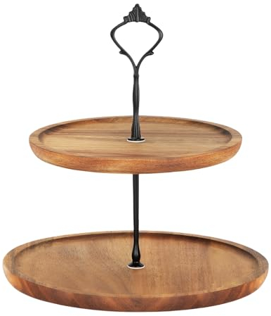 E-ROOM TREND Wooden Cupcake Stand/Cup Cake Stand 2 Tier | Medium | Wooden Holder Tiered Dessert Stand | Serving Tray Platter with Metal Handle | for Birthday Party Afternoon Tea Baby Shower (MDP02M)