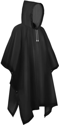 Flintronic Poncho Impermeabile EVA, Riutilizzabile con Cappuccio per Adulto, Antipioggia per Uomo e Donna, per Campeggio e Escursionismo (Nero)