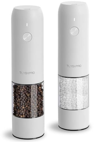 TLYSXPRO Moulin à Sel et Poivre Électrique, Ensemble de 2, Rechargeable par USB, Mouture Réglable, Moulin à Poivre Électrique avec Lumière LED, Brosse de Nettoyage, Accessoire de Cuisine, Blanc