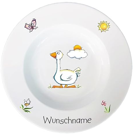 Doriantrade Suppenteller 22cm Kinderteller Teller Porzellan Gans personalisierbar mit Wunschname Name Kindergeschirr mit Namen personalisiert