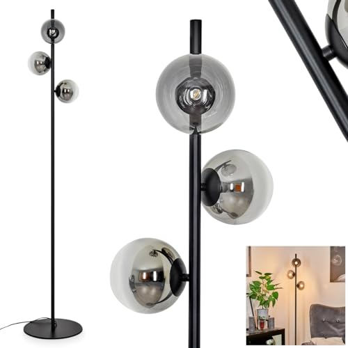 HOFSTEIN Remaisnil Lampadaire moderne en métal/verre noir/verre fumé/transparent, lampadaire avec abat-jours en verre (Ø 12 cm), avec interrupteur à pied sur câble, 3 x G9, sans ampoule
