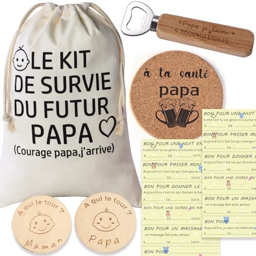 Kit de survie du futur papa -pochette futur papa avec jeton décision,bon pour,Ouvre - bouteille - annonce grossesse - cadeau de naissance - pochon à remplir