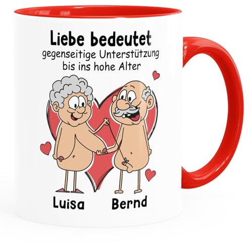 Moonworks® Tasse lustig Liebe bedeutet Unterstützung bis in hohe Alter Mann Frau Nackt personalisiert mit Namen weiss-innen-rot standard