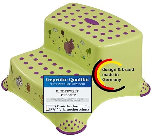 KiNDERWELT Premium zweistufiger Tritthocker für Kinder und Babys, Hippo Design in Grün, Tritthocker 2 Stufen für Kleinkinder ab 3 Jahren, abwischbar, rutschfest und BPA-frei