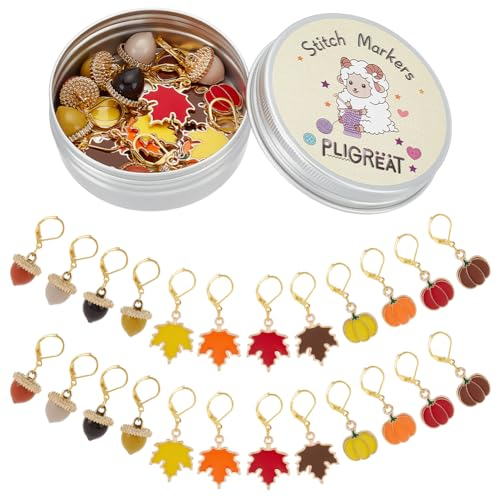 PLIGREAT 24 Stück Herbst Ahornblatt Tannenzapfen Maschenmarkierer Häkelmarkierer mit Karabinerkrallen Stricken Verriegelungsmarker für Frau Oma DIY Geschenke Schmuckherstellung Zubehör