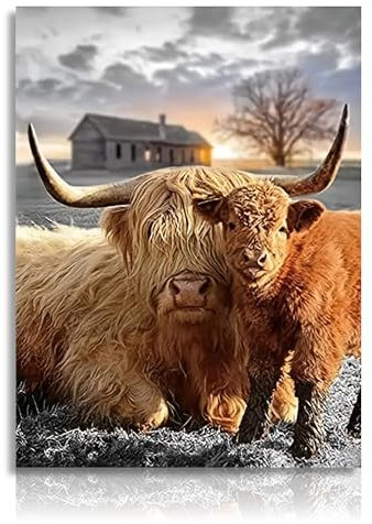 NymphFable Hochland Kuh Leinwand Bilder Rustikale Kuh Wandposter für Bauernhof Schlafzimmer Wohnzimmer Dekor 12x16 ohne Rahmen