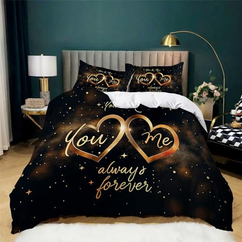 Bettwäsche 200x200 cm Goldene Liebe Für Immer Du Und Ich Druck, Mikrofaser Bettbezüge für Kinder und Teens, Hypoallergen Bettwäsche Set mit 2 Kissenbezügen 80 x 80 cm, Für alle Altersgruppen geeignet
