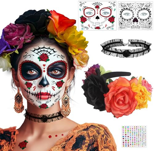 Halloween Karneval Tag der Toten Haarreif und Totenkopf Gesichtstattoo, Mexikanischen Blumen Kronen Kopfschmuck Fasching Damen Accessoires, Dia de los Muertos Kostüm Haarschmuck Schminke Zubehör