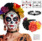 Halloween Karneval Tag der Toten Haarreif und Totenkopf Gesichtstattoo, Mexikanischen Blumen Kronen Kopfschmuck Fasching Damen Accessoires, Dia de los Muertos Kostüm Haarschmuck Schminke Zubehör
