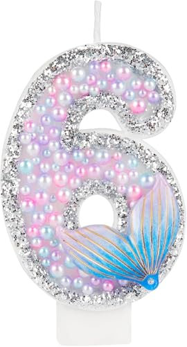 Mermaid Tail Birthday Candles, Sparkler 6th Birthday Candles, Pink Number 6 Candle for Cake, Macaron Pink Candle Cake Topper for Girls Boys Mermaid Themed 6th Birthday Party Decorations Supplies