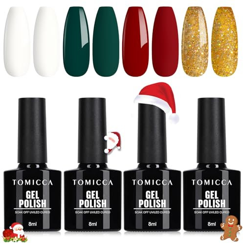 TOMICCA UV Nagellack Weihnachten Set, 4 Farben Rot Grün Weißer Glitzer Gel Nagellack, Soak-Off UV/LED Geschenk für Nagelstudio DIY Home, 8ML