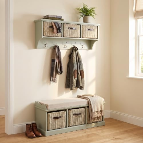 Tetbury Hallway Furniture Set, Storage Bench W112 H46 D40cm, Hanging Shelf W113 H43 D28cm | Cushion Seat, Durrable & Washable Baskets | Fully Assembled (sage green)