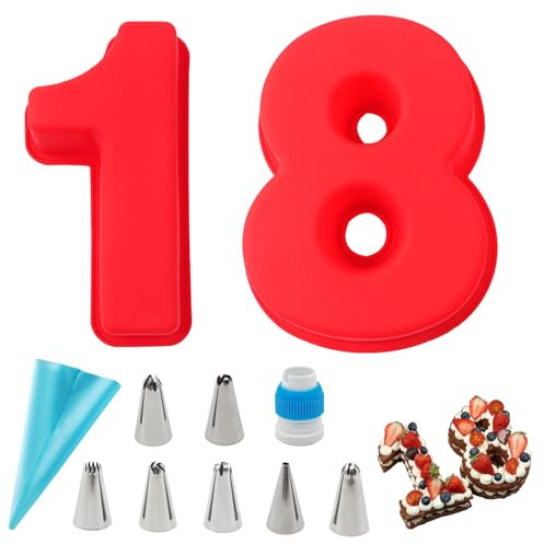 Wondora Groß Kuchenform Zahlen, Backform Zahlen Kit 18, Antihaftend Silikon Backform Zahlen, 9 Stück Spritzbeutel mit Tüllen Set, Zahlentorte für Hochzeit Jahrestag, Geburtstagstorten Partys
