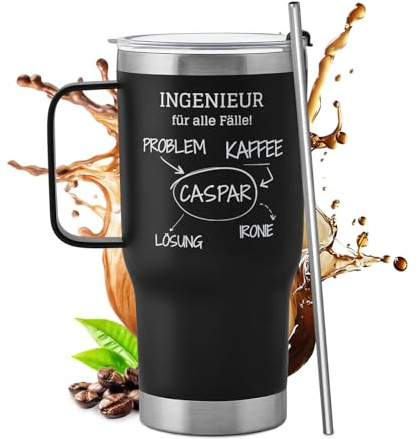 Maverton Personalisierter Thermobecher mit Strohhalm 600 ml | Schwarzer Kaffeebecher To Go mit Deckel, Personalisierte Geschenke für Männer, Abschiedsgeschenk Kollegen