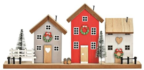 Miss Lovely Aufsteller Winter-Dorf Deko-Figur Häuser aus Holz Weihnachts-Deko für Fensterbrett Sideboards & Regale Weihnachten & Advent Weihnachts-Deko Farben: braun Creme rot & beige