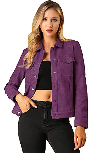 Allegra K Veste femme en simili daim avec col rabattu et poches à rabat Violet 3XL