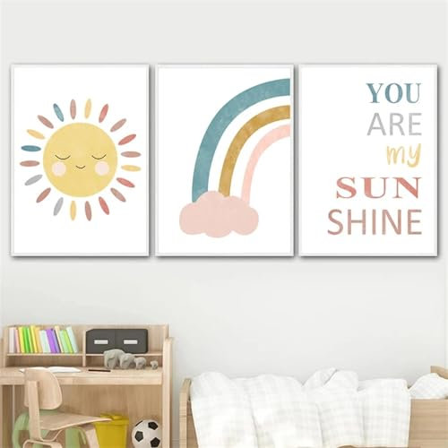 CHAOJIART Niedliche Sonne Leinwandgemälde Regenbogen-Kunstdrucke „You Are My Sunshine“ Wandplakat Kinderzimmerdruck Nordische Bilder Babyzimmerdekor 20 x 30 cm (8 x 12 Zoll) x3 Rahmenlos
