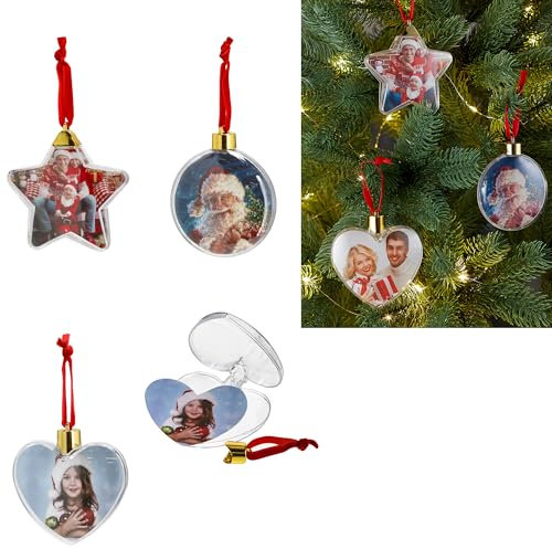 6 x Weihnachtskugeln zum Hängen für eigene Fotos in DREI Formen Ø ca. 9 cm DIY Baumkugeln für eigene Fotos oder Geldgeschenke - Christbaumkugeln für Fotos