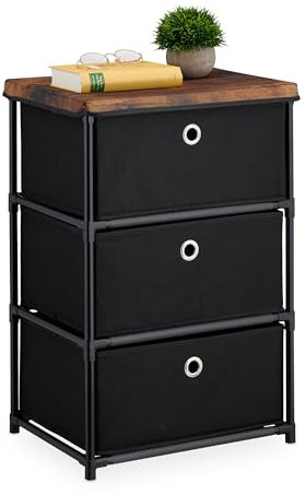 Relaxdays Kommode, 3 Stoffschubladen, Metall, Holzoptik, 65x43x33 cm, Wohnzimmer, Flur, Beistellkommode, schwarz/braun