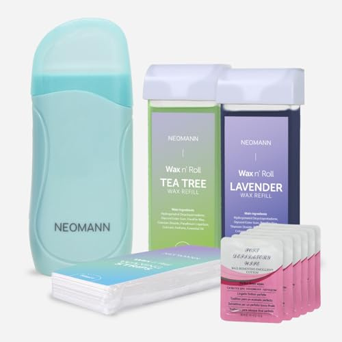 NEOMANN Roll on Wachs Roller Kit für Haarentfernung mit Tea Tree, Lavender | 50 Stück Wachsstreifen für Haarentfernung - Torquoise mit 6 Nachwachsbehandlungen
